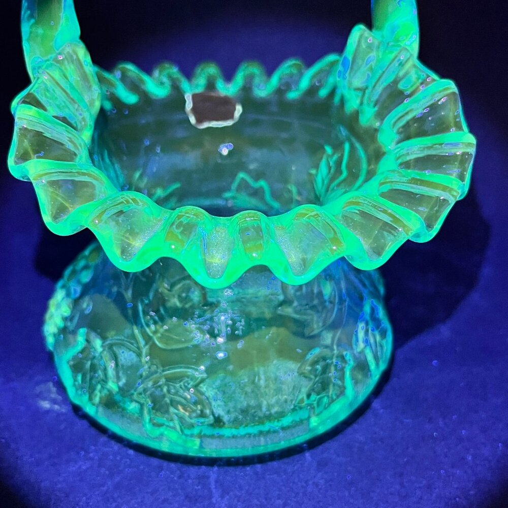 Vtg Kanawha Blue Glass WV Grape 330 Basket Handle Ruffled Crimped Top 70s Glows